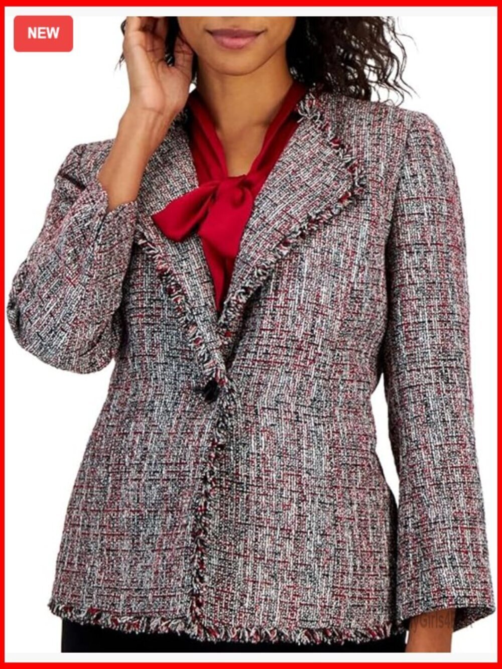 Tweed Blazer with Wing Lapel and Fringe Detail, One Button Closure